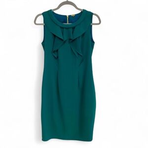 ELIE TAHARI GREEN RUFFLE NECKLINE SLEEVELESS SHEATH MINI DRESS SIZE 4